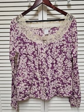 EUC Vintage Charlotte Russe Purple Floral Lace-Trim Button Front 100% Cotton